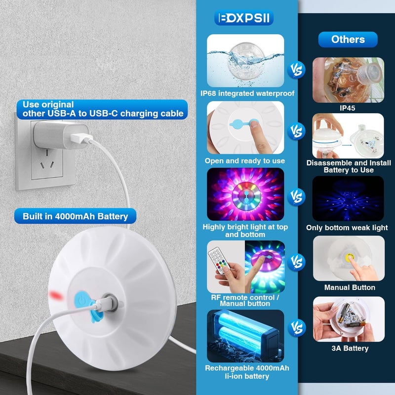BOXPSII Rechargeable Floating Pool Lights, Pool Lights with 6 Dynamic Lighting, IP68 Waterproof Pool Light RGB Upper and Lower Color Changing LED Pool Light for Pools, Party, Fountains 1PACK - Image 5